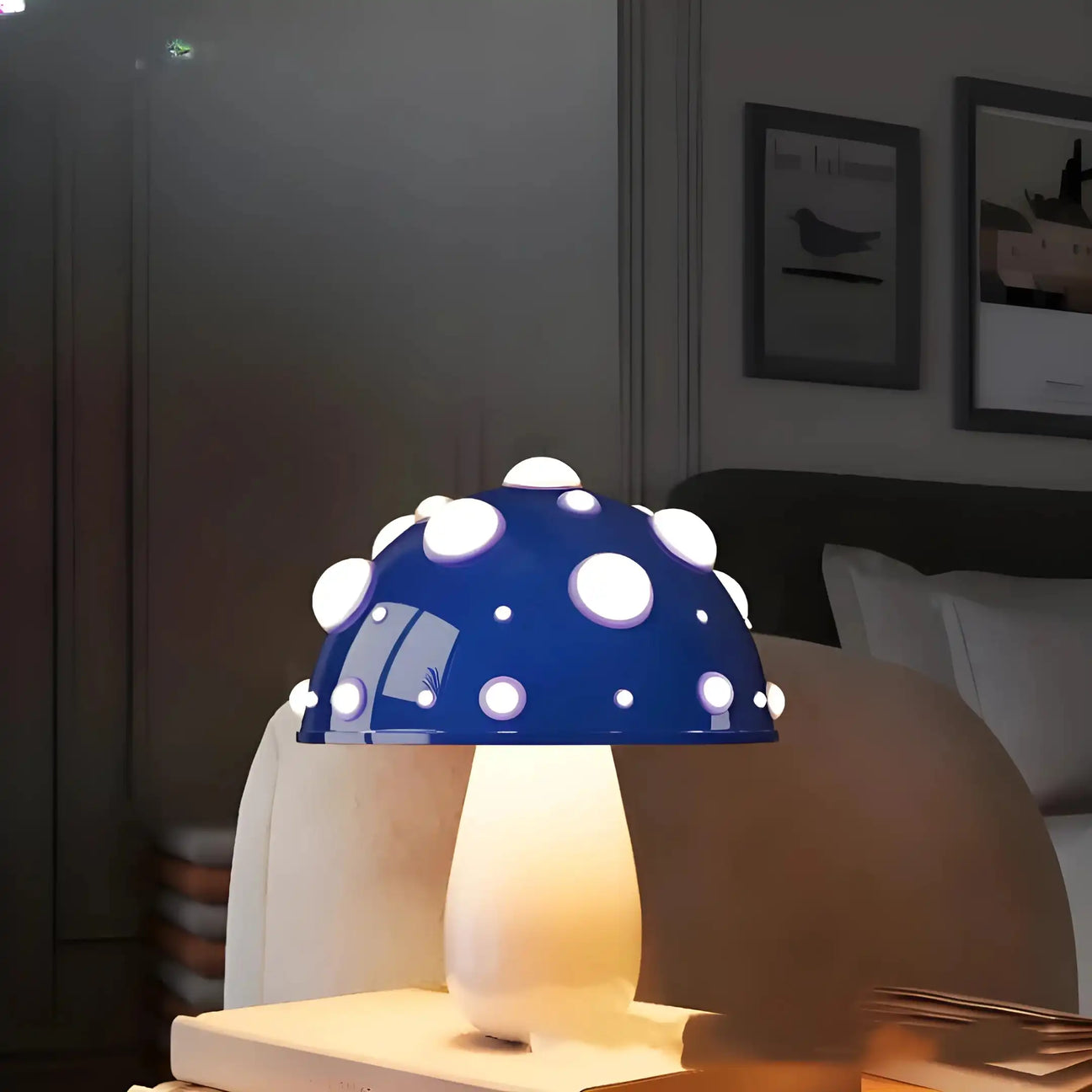 Mushroom-shaped table lamp with a blue cap dotted with white spots.