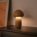 Lampada da comodino a forma di fungo in legno portatile color crema lungo