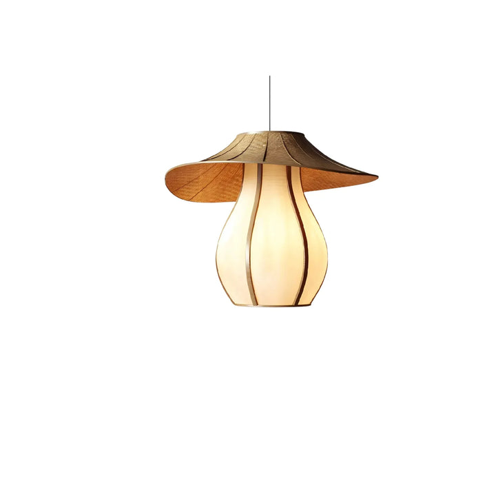 Mushroom-shaped pendant lamp with wooden veneer shade and glowing interior.