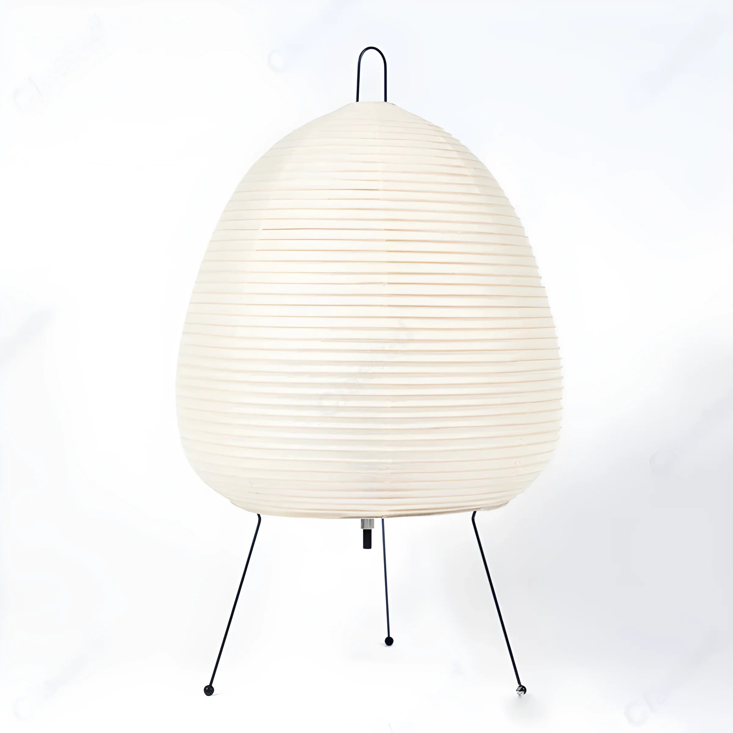 Egg-shaped paper lantern lamp on thin metal tripod legs.