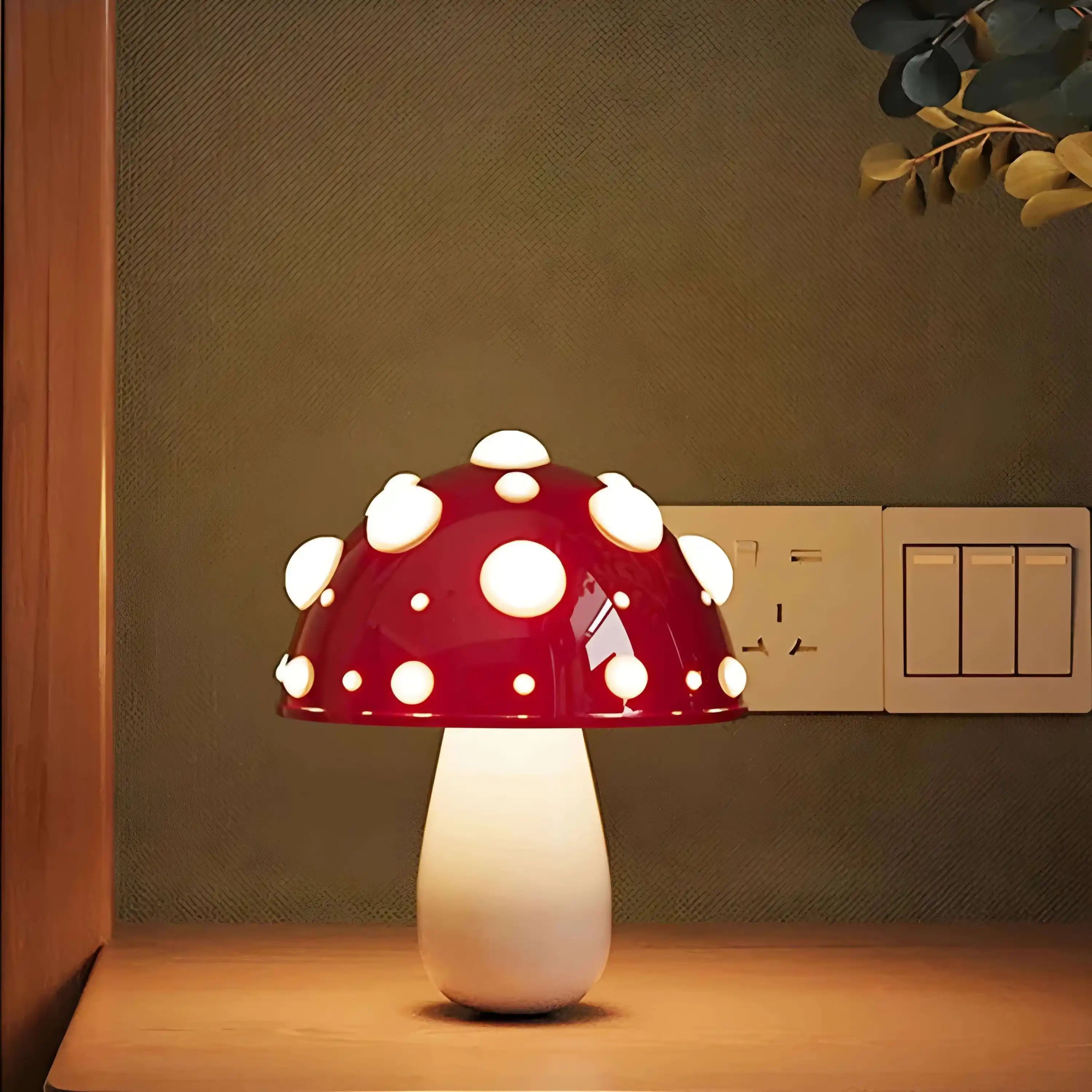 Mushroom-shaped lamp with a red cap dotted with white spots.