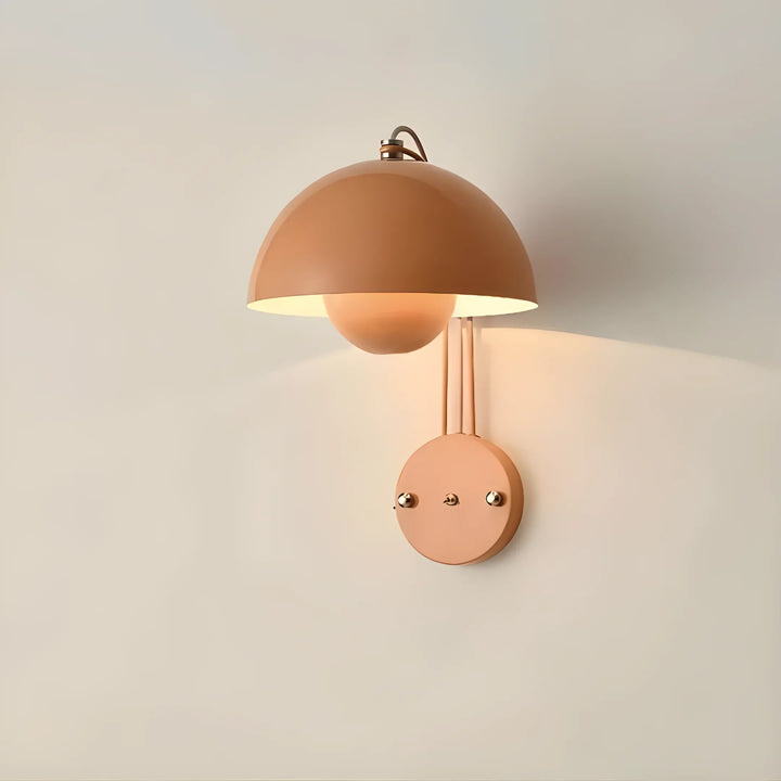 Peach-colored dome-shaped wall sconce with a circular base.