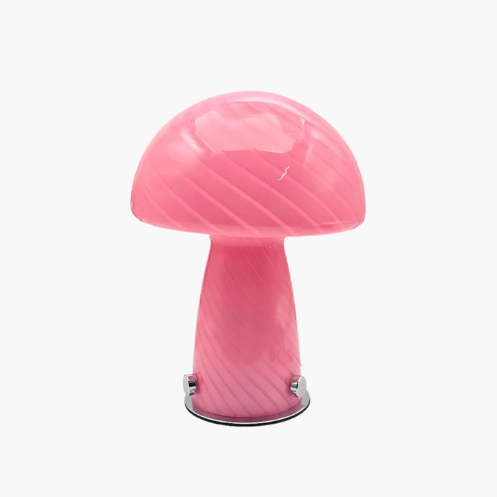 Pink mushroom-shaped table lamp with a rounded cap and cylindrical stem.