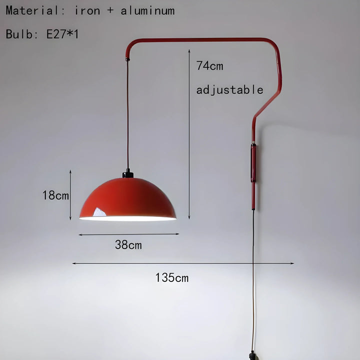 Adjustable wall-mounted lamp with a red dome shade and curved arm.