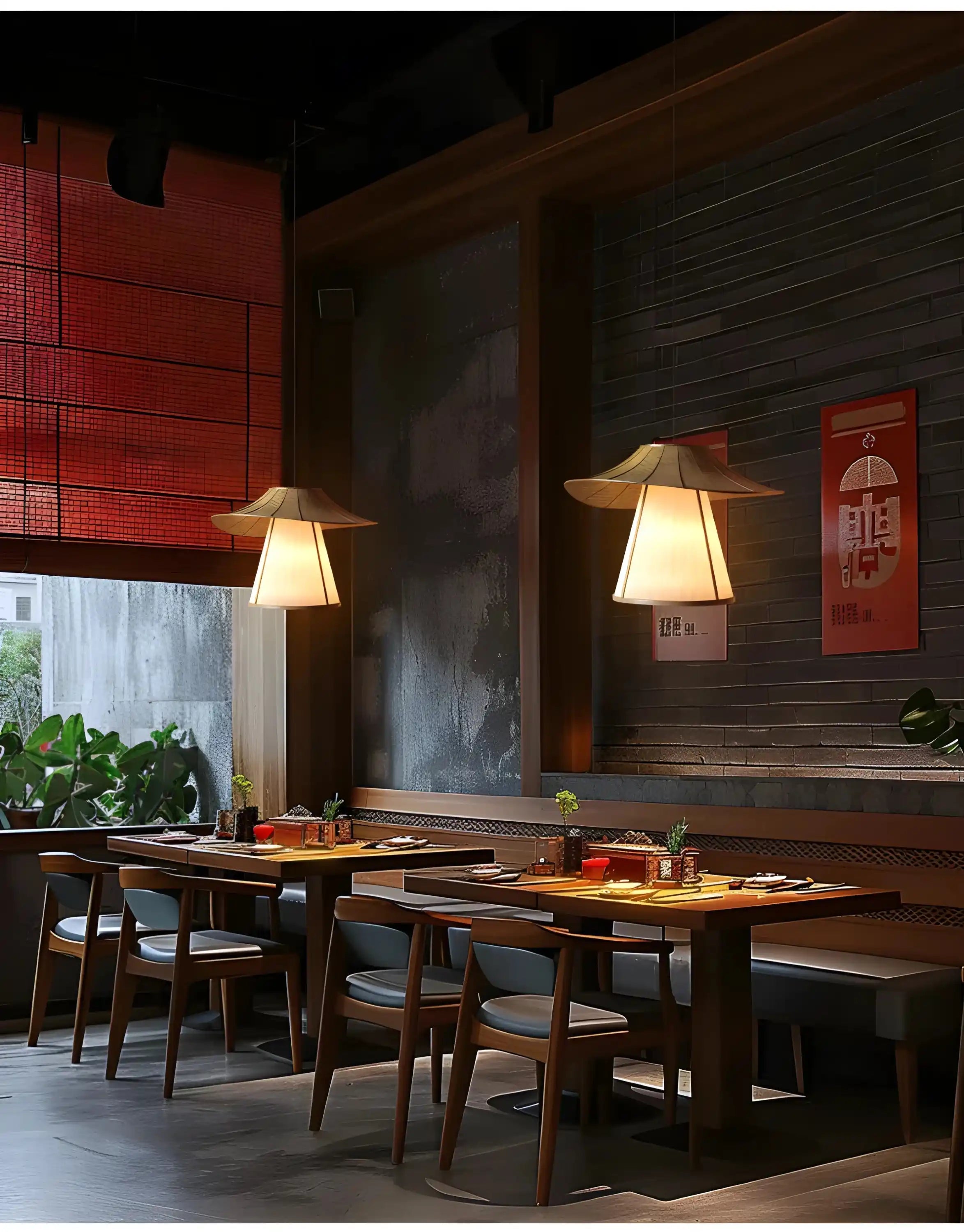 Restaurant dining area with wooden tables and chairs illuminated by warm pendant lights.