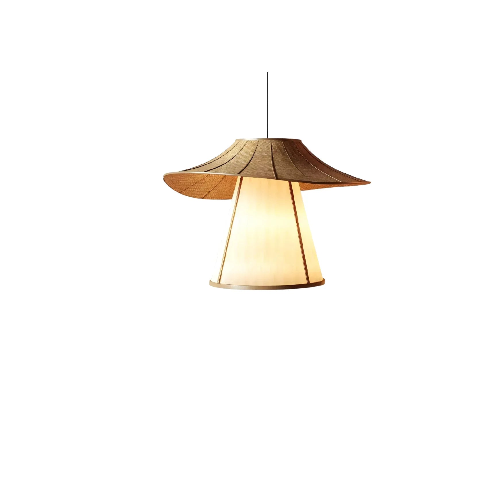 Wooden pendant lamp with a conical shade and glowing fabric interior.