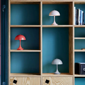 Wooden bookshelf with built-in compartments displaying decorative table lamps and books.